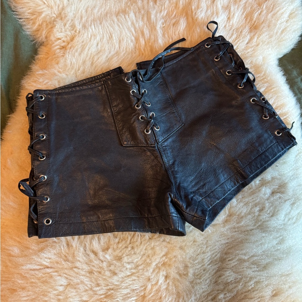Black Leather Lace-Up Women Shorts